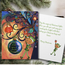 Whimsical Elf Holding Gift & Bird Christmas Card