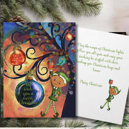 Carte Whimsical Elf Holding Gift & Bird Christmas Card