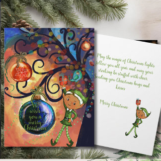 Carte Whimsical Elf Holding Gift & Bird Christmas Card
