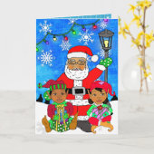 Carte Whimsical Ethnic Père Noël and Elves Christmas (Fleur jaune)