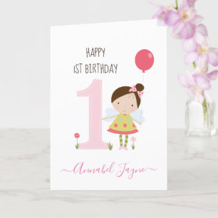 Carte Whimsical fée de premier anniversaire filles rose 