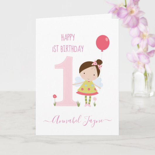 Carte Whimsical fée de premier anniversaire filles rose (Orchidée)