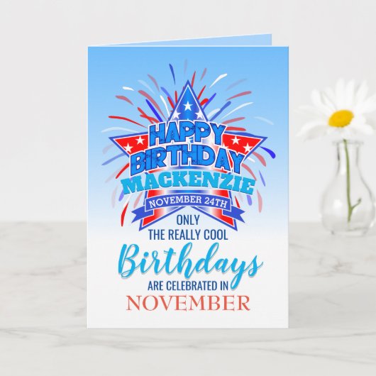 Carte Whimsical Fireworks Né en novembre Anniversaire (Petite plante)