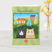 Carte Whimsical Folk Art Cats Custom Message birthday  (Fleur jaune)