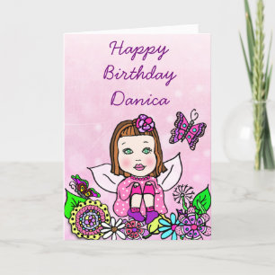 Carte Whimsical Folk Art Fairy Girl Joyeux anniversaire