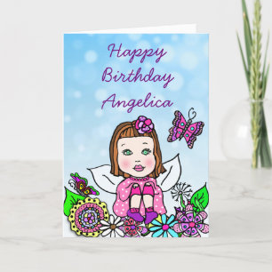 Carte Whimsical Folk Art Fairy Girl Joyeux anniversaire
