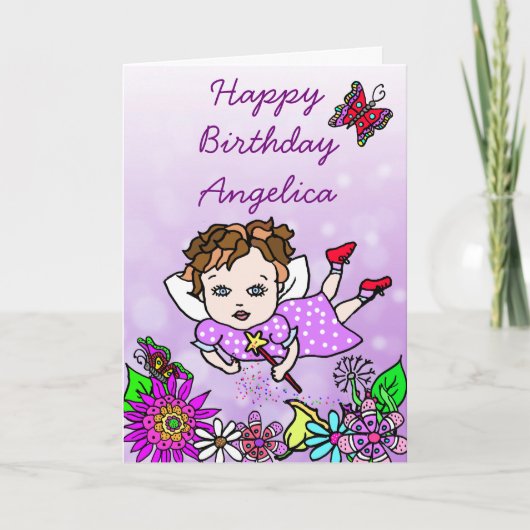 Carte Whimsical Folk Art Fairy Girl Joyeux anniversaire (Devant)