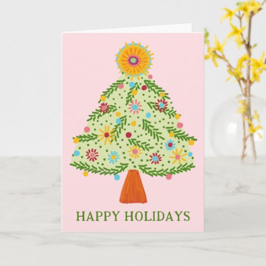 Carte Whimsical Folk Christmas Tree CUSTOM VACANCES (Fleur jaune)