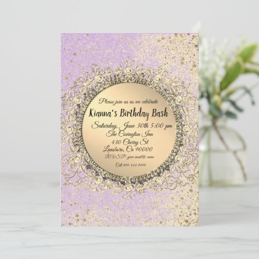 Carte Whimsical Glittery Stars Lavender Anniversaire (Debout devant)