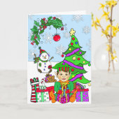 Carte Whimsical Holiday Elf and Christmas Tree (Fleur jaune)