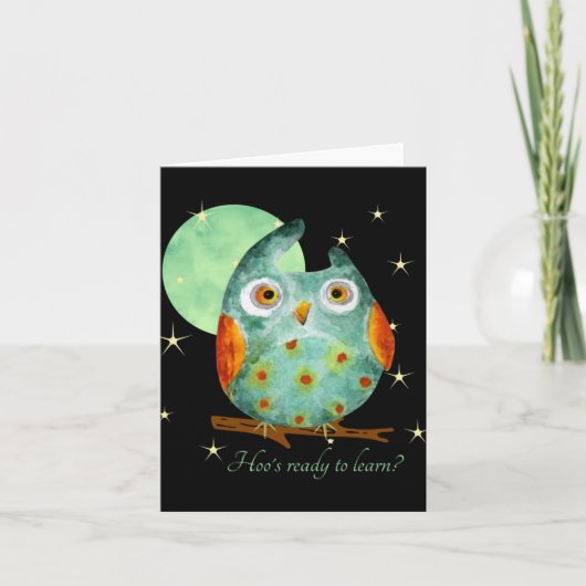 Carte Whimsical Owl Watercolor Style Name School On Back (Devant)