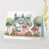 Carte Whimsical Pastel Fairy Tale Cottage Art (Fleur jaune)