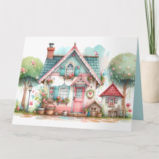 Carte Whimsical Pastel Fairy Tale Cottage Art (Devant)