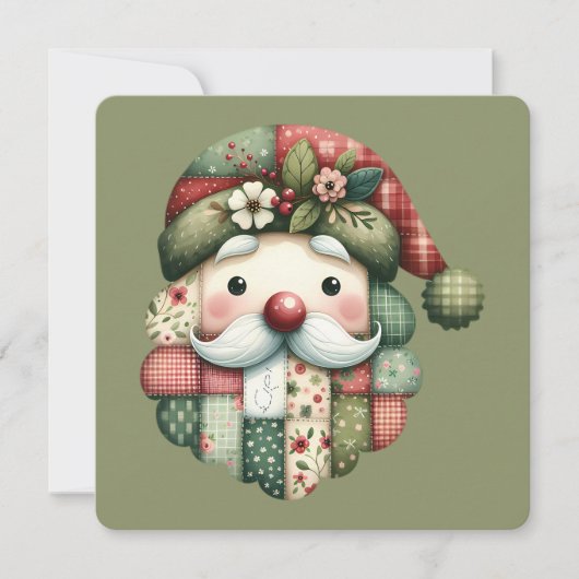 Carte Whimsical Patchwork Santa Folk Christmas Flat Card (Devant)