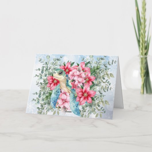 Carte Whimsical Pink Florals & Sea Turtle (Dos)