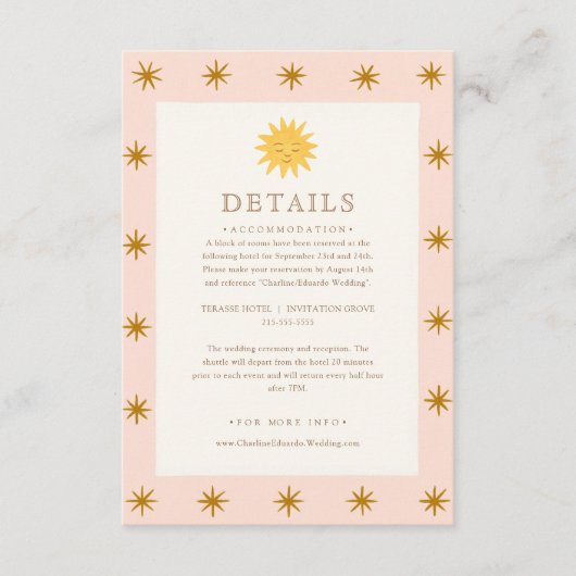 Carte Whimsical Pink & Gold Sun Mariage Détails (Devant)