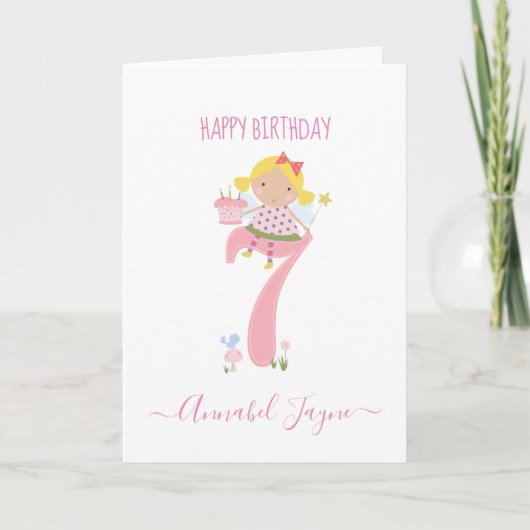 Carte Whimsical Septième anniversaire fée rose mignon (Devant)