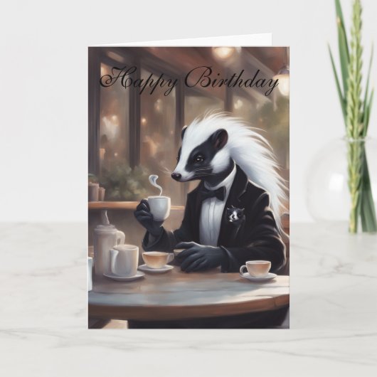 Carte Whimsical Skunk in a coffee shop birthday (Devant)