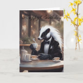 Carte Whimsical Skunk in a coffee shop birthday (Fleur jaune)