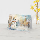 Carte Whimsical Snowman in a Snowy Village Greeting (Fleur jaune)