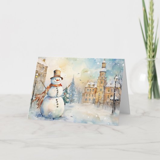 Carte Whimsical Snowman in a Snowy Village Greeting (Devant)