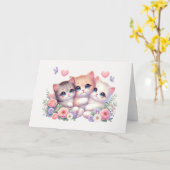 Carte Whimsical Three-Kitten Pastel Floral Blank (Fleur jaune)