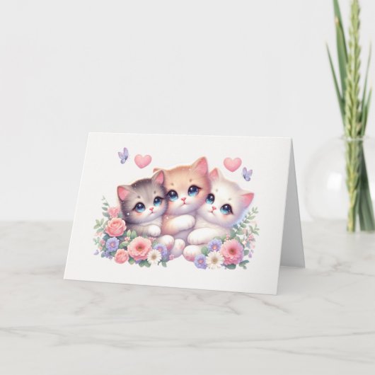 Carte Whimsical Three-Kitten Pastel Floral Blank (Devant)