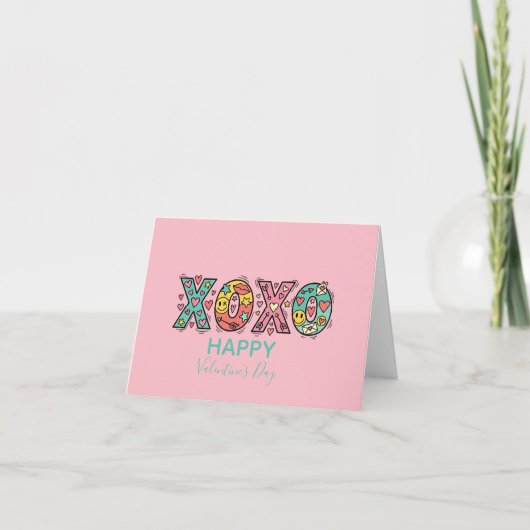 Carte Whimsical "XOXO"Hearts Happy Valentine's Day Pink (Devant)