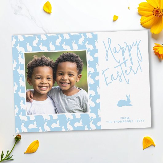 Carte White Bunnies On Blue With Custom Photo Easter