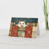 Carte White Cat Peeking over Christmas Gifts Greeting (Devant)