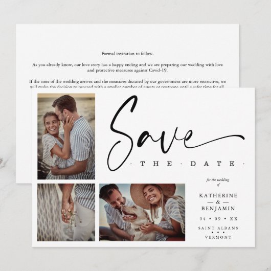 Carte White Chic Trendy Collage Mariage Covid19 3 Photos (Devant / Derrière)