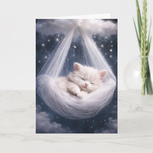Carte White Kitten Hanging from Tulle Hammock and Cloud (Devant)