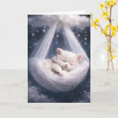 Carte White Kitten Hanging from Tulle Hammock and Cloud (Fleur jaune)