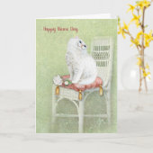 Carte White persian cat on chair Name day (Fleur jaune)