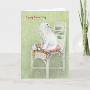 Carte White persian cat on chair Name day