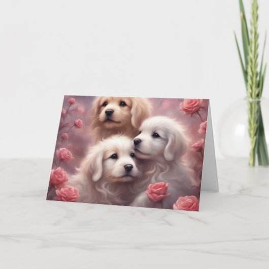 Carte White Puppies Pink Roses Valentines Day (Devant)