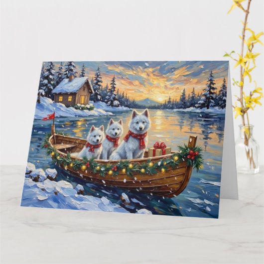 Carte White Samoyed Christmas Boat Holiday (Fleur jaune)
