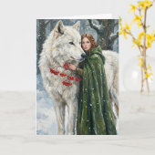 Carte White Wolf Redhead Druid Winter Berries Fantasy Ar (Fleur jaune)