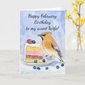 Carte Wife Happy February Birthday Cedar Waxwing Cake (Fleur jaune)
