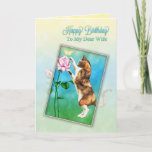 Carte Wife, joyeux anniversaire<br><div class="desc">A cute calico cats play at chasing a yellow butterfly that has landed on a red rose.an extra special card for a cat lover. Copyright Norma Cornes.</div>