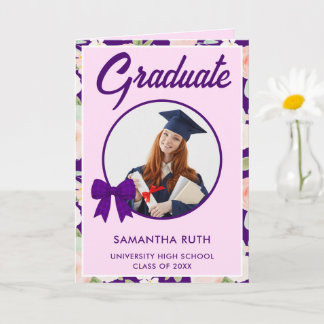 Carte Wildflower Purple Gingham Bow Photo Graduation 