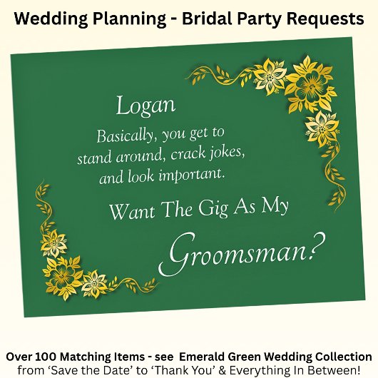 Carte Will You Be My Groomsman? Emerald Green & Gold