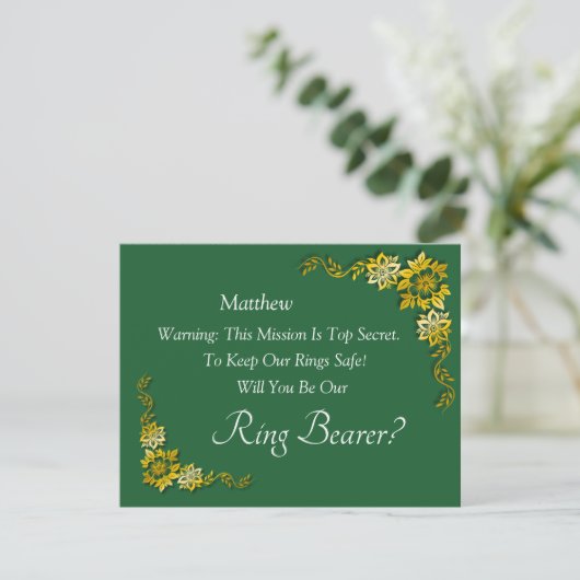 Carte Will You Be Our Ring Bearer? Emerald Green & Gold (Debout devant)