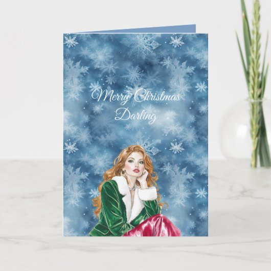 Carte Winter Blue Snowflakes Christmas Red Head Girl (Devant)