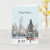 Carte Winter Christmas Tree City Ice Skaters Buildings (Fleur jaune)