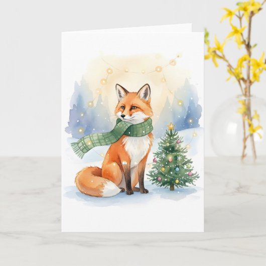 Carte Winter Fox with Green Scarf and Christmas Tree (Fleur jaune)