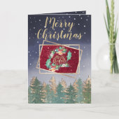 Carte Winter Navy Rouge Aquarelle Neige Arbres Noël (Devant)