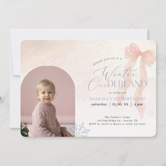 Carte Winter ONEderland Pink Bow Photo First Birthday (Devant)