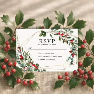 Carte Winter Red Berries Noël Verdure Mariage RSVP