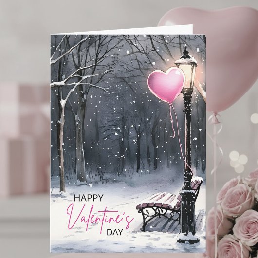 Carte Winter Scene Pink Heart Balloon Valentine's Day